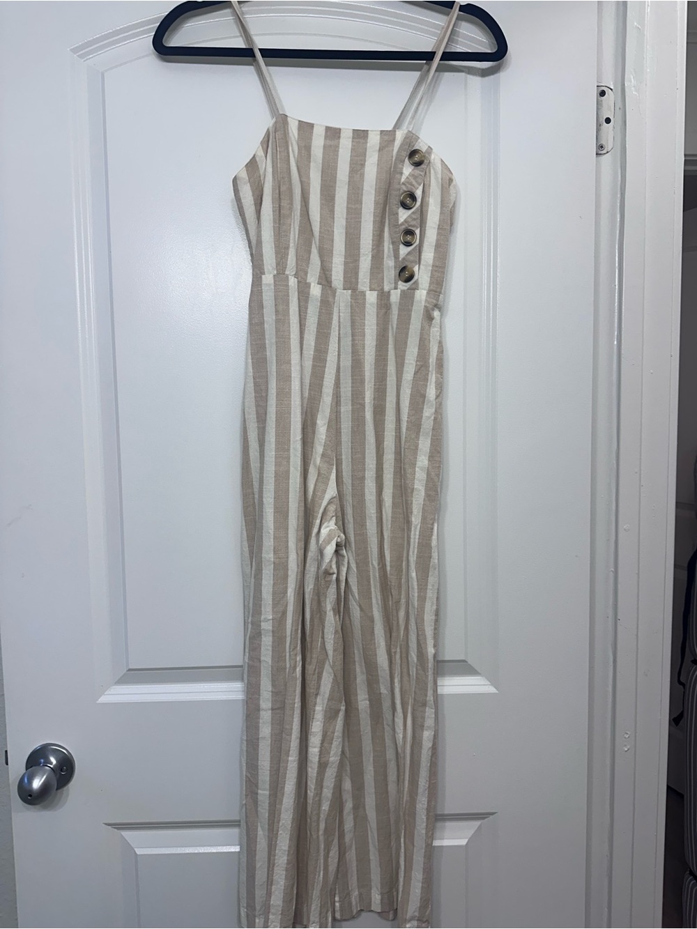 Striped Beige & Cream Wide-Leg Crop Jumpsuit with Button Detail